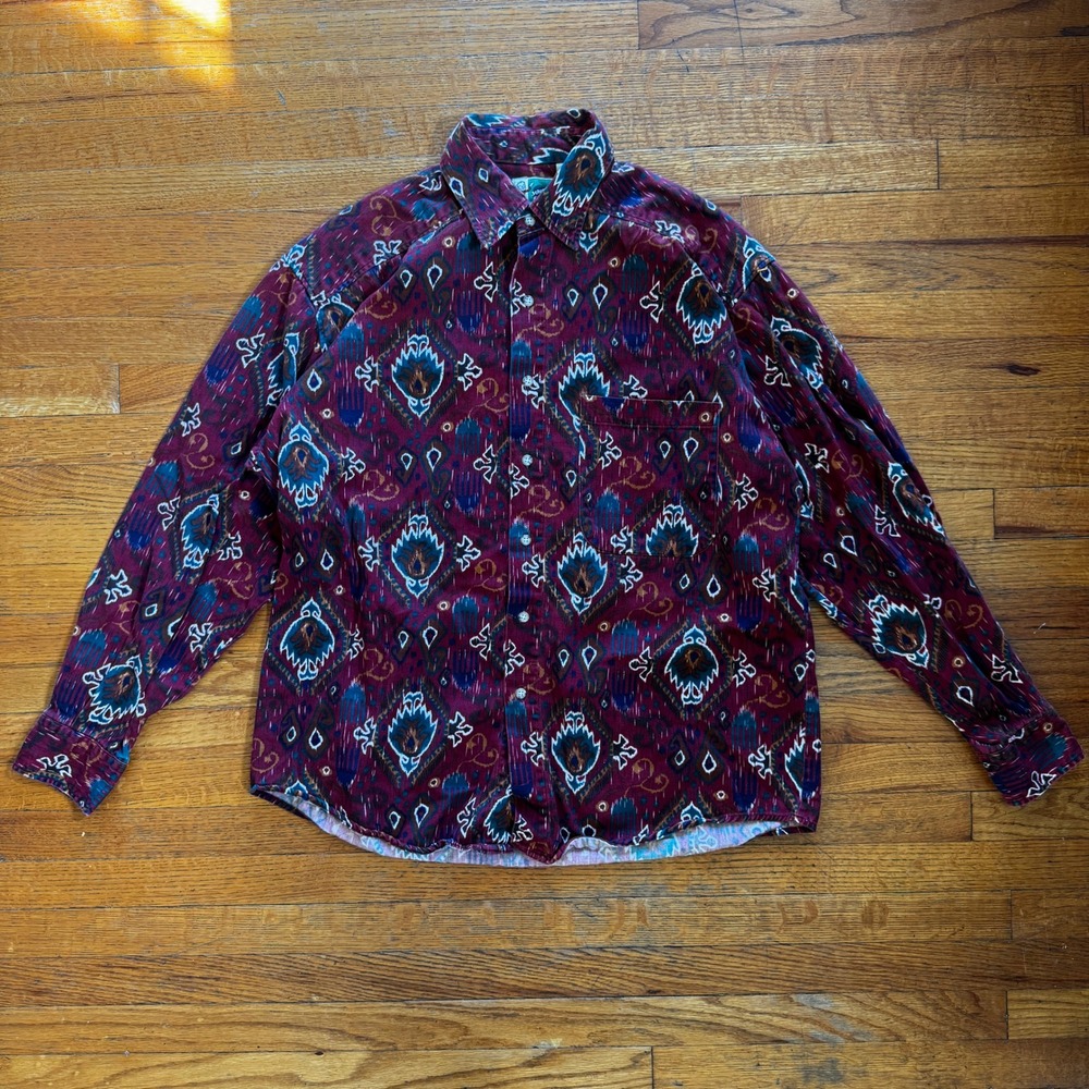 Johnny Cotton Mens Vintage 90s Southwestern‎ Ikat Button Down Shirt Burgundy M